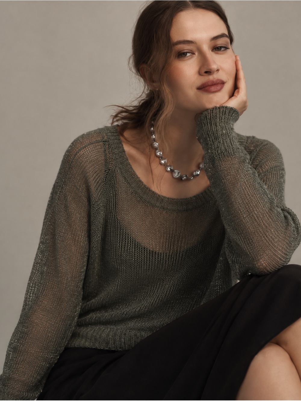 Eileen Fisher Olive Scoop-Neck Sheer Knit Casual Minimalist Sweater Sz Sm